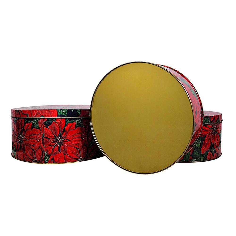 Red Poinsettia Floral Covered Christmas Metal Tin Round Containers, Set of 3 - Picture 9 of 9